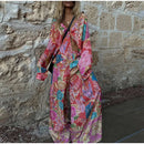 the AMARYLLIS - Bohemia Print Shirt/Pants Sets Lapel Long Sleeve Single Breasted Shirts High Waist Wide Leg Trouser