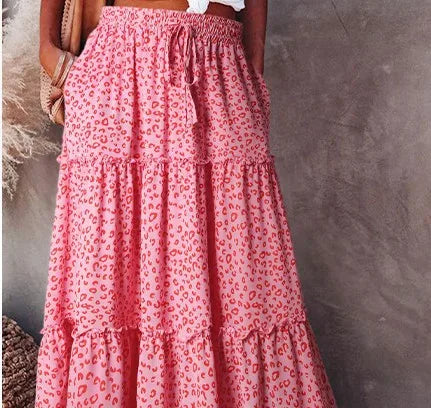 New Long Skirt Retro Skirt Loose Casual High Waist Skirt Bohemian Style Patchwork Pleated Pocket Skirt