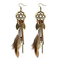 the DREAM CATCHER - Boho Tribal Vintage Dream Catcher Feather Leaf Long Tassel Dangling Earrings for Women