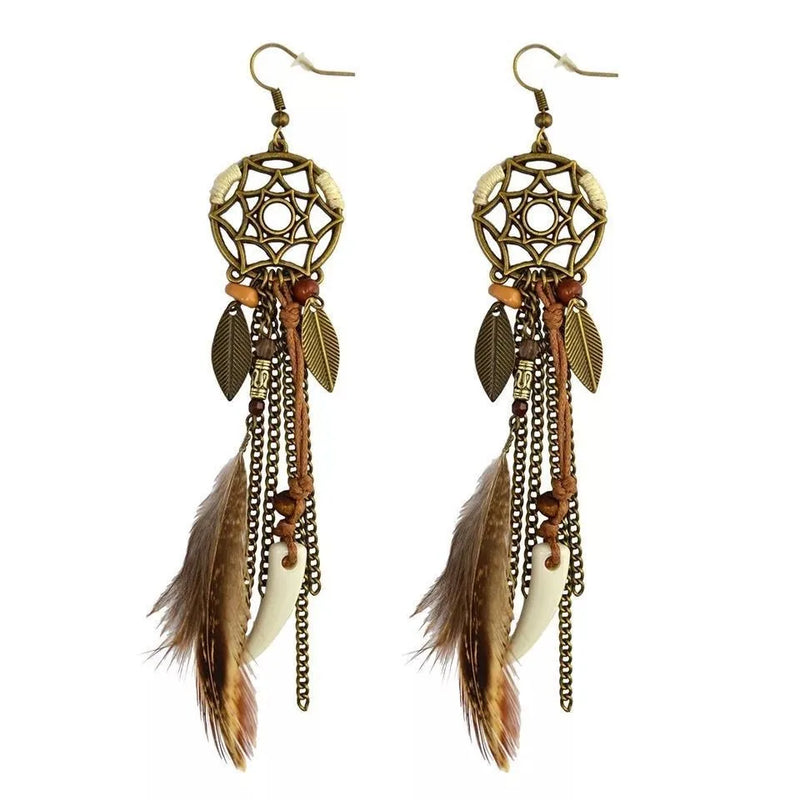 the DREAM CATCHER - Boho Tribal Vintage Dream Catcher Feather Leaf Long Tassel Dangling Earrings for Women