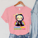 the SPOILER ALERT - Cartoon Rainbow Spoiler Alert Everyone Dies Print Vintage Reaper Sickle T-Shirts for Women