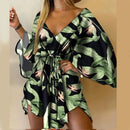 the RESORT BOHO - Women Print Dress Sexy V-Neck Bat Sleeve Ruffle Flowers Print Bohemian Beach Loose Summer Vacation Mini Dresses