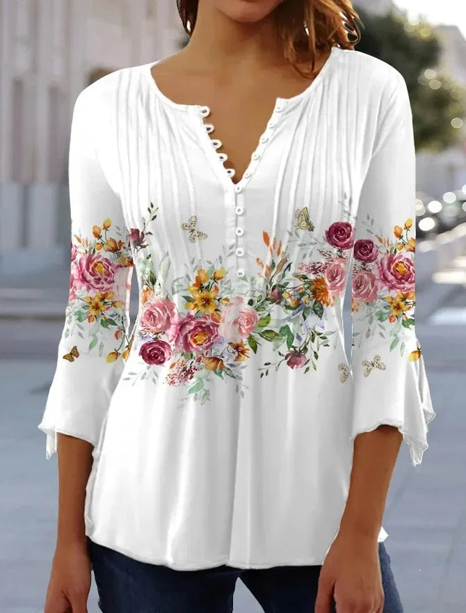 the FLOWER SHOP - Women's Vintage Floral Print Pleated Button Spring/Summer Fashion V-Neck 3/4 Sleeve Elegant Slim Blouse Tops
