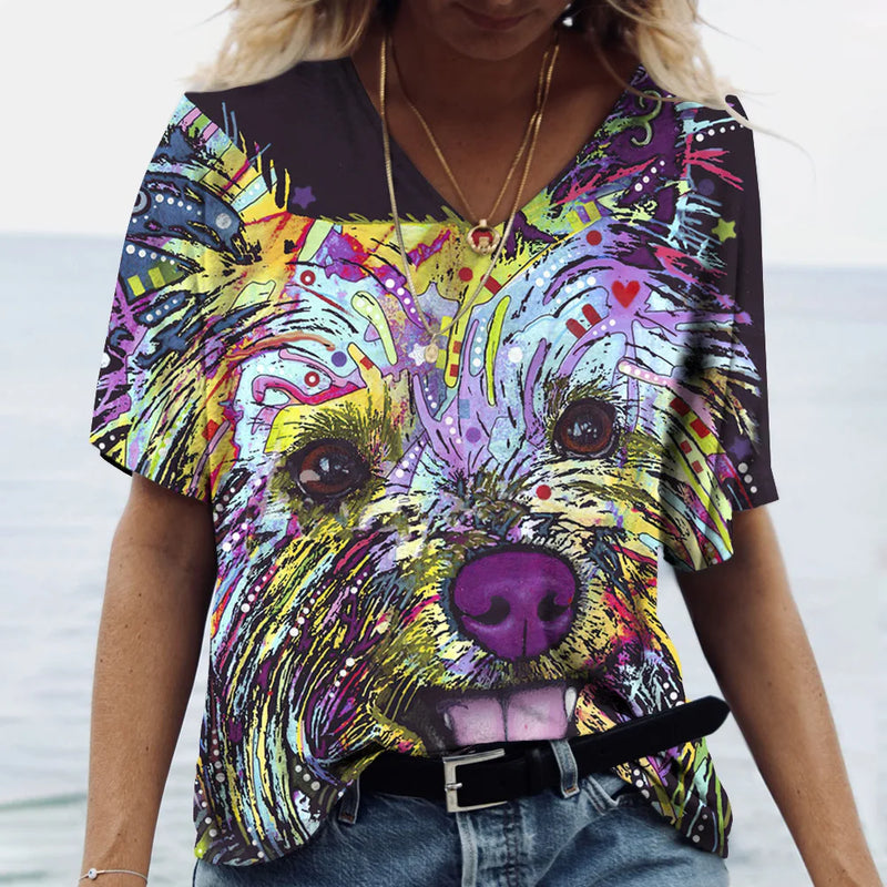 Summer New Women's V-neck Top Short Sleeve T-shirts 3D Cute Dog Print Casual Lovely Harajuku Versatile Y2K Clothes European Size