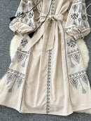 the INDIE BOHO - Bohemian Retro Ethnic Style Spring Autumn Embroidered Lace Up Lantern Sleeves Waist Cinching Long Dress