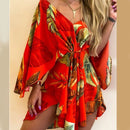 the RESORT BOHO - Women Print Dress Sexy V-Neck Bat Sleeve Ruffle Flowers Print Bohemian Beach Loose Summer Vacation Mini Dresses