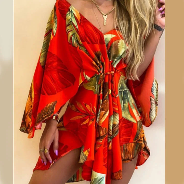 Women Print Dress Sexy V-Neck Bat Sleeve Ruffl Flowers Print Bohemian Beach Sundress Ladies Loose Summer Vacation Mini Dresses