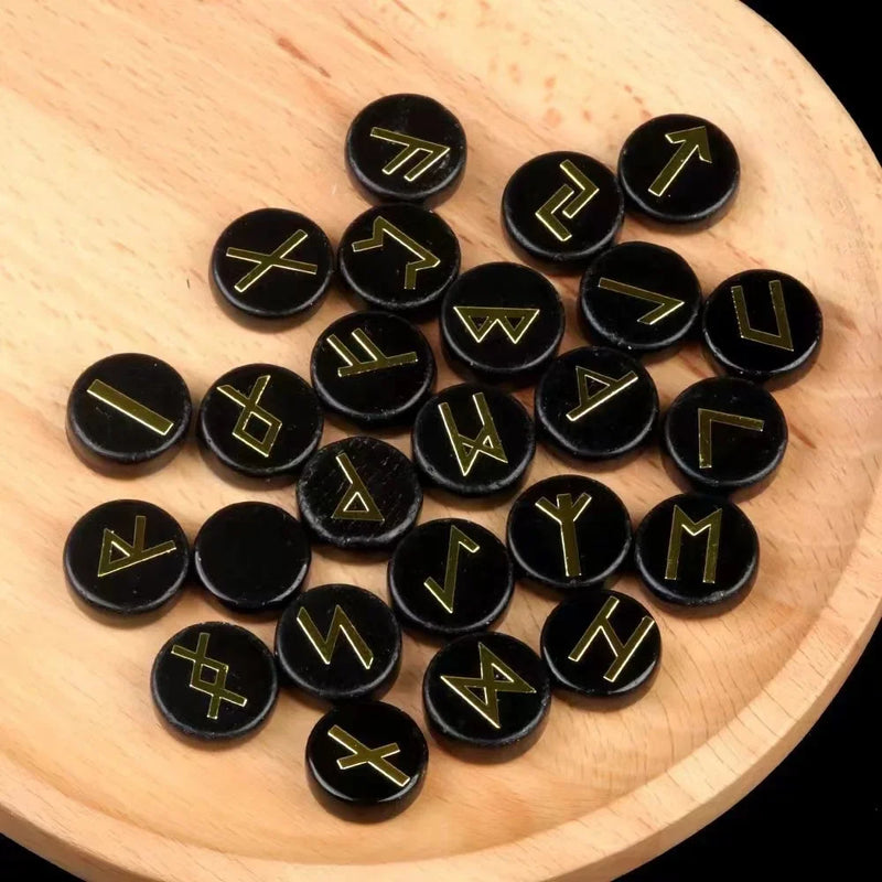 the RUNES - 25pcs Natural Crystal Runes Signs Round Stone Runic Alphabets Letters Sacred Symbol Healing Gem Energy Amulet Reiki Chakra Set