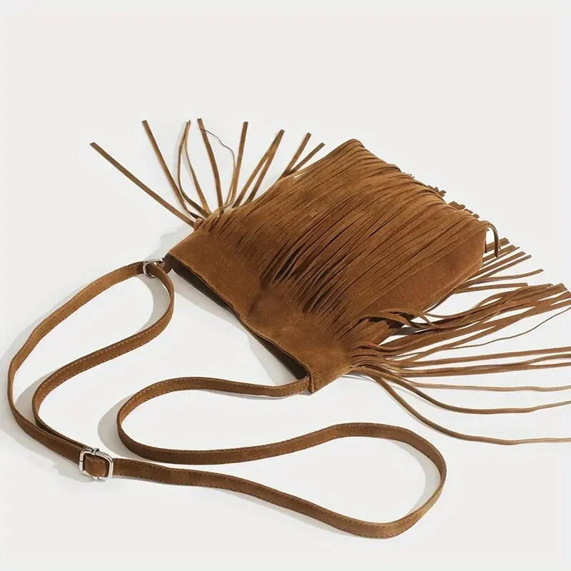 the TASSEL BOHO - Boho Style Fringe Crossbody Bag, Vintage Suede Shoulder Bag, Women's Large Capacity Casual Fringe Postman Shoulder Bag