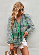 the BAGGY BOHO - Boho Floral Blouse V-Neck Tassel Long Sleeve Bohemian Summer Fashion Shirt for Women