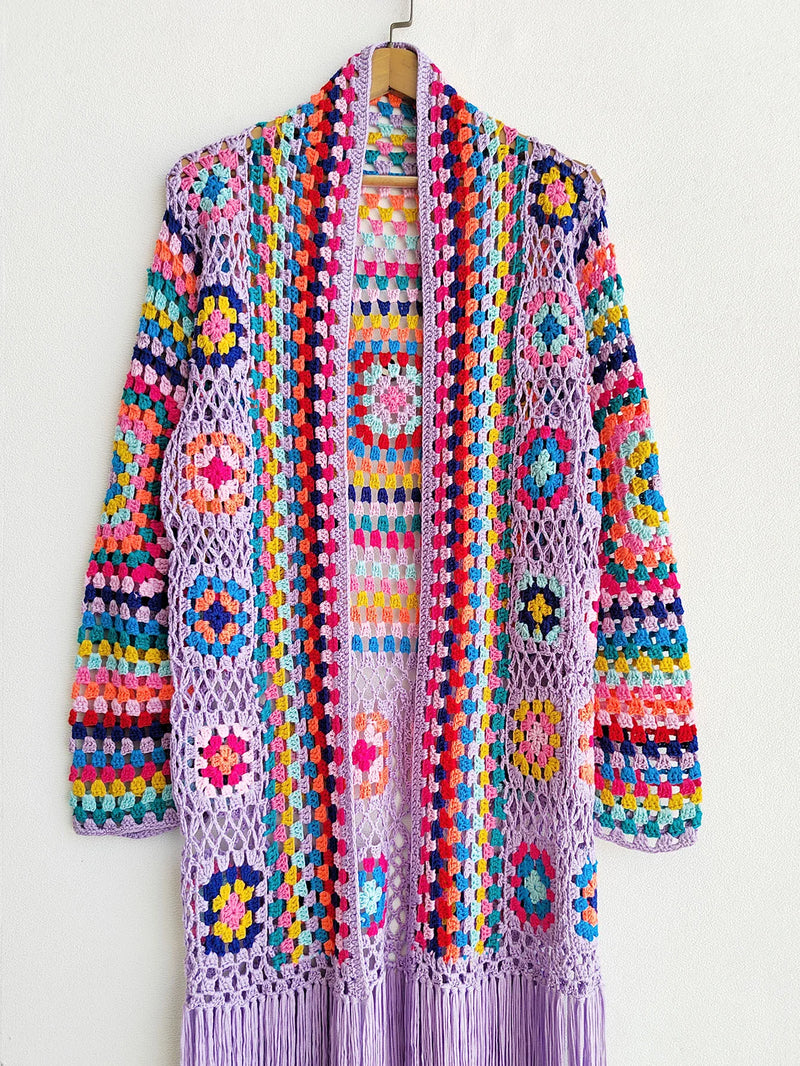 Women's Cardigan Handmade Crochet Beach Cover Up Coat Loose and Irregular Tassel Shirt Tie Up Mixed Color Pure Hand Hook Jackets