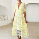 the BROCADE BOHO - Elegant Summer Hollow Out Slim Beach Long Lace Maxi Dress V Neck Puff Sleeve High Waist Dress