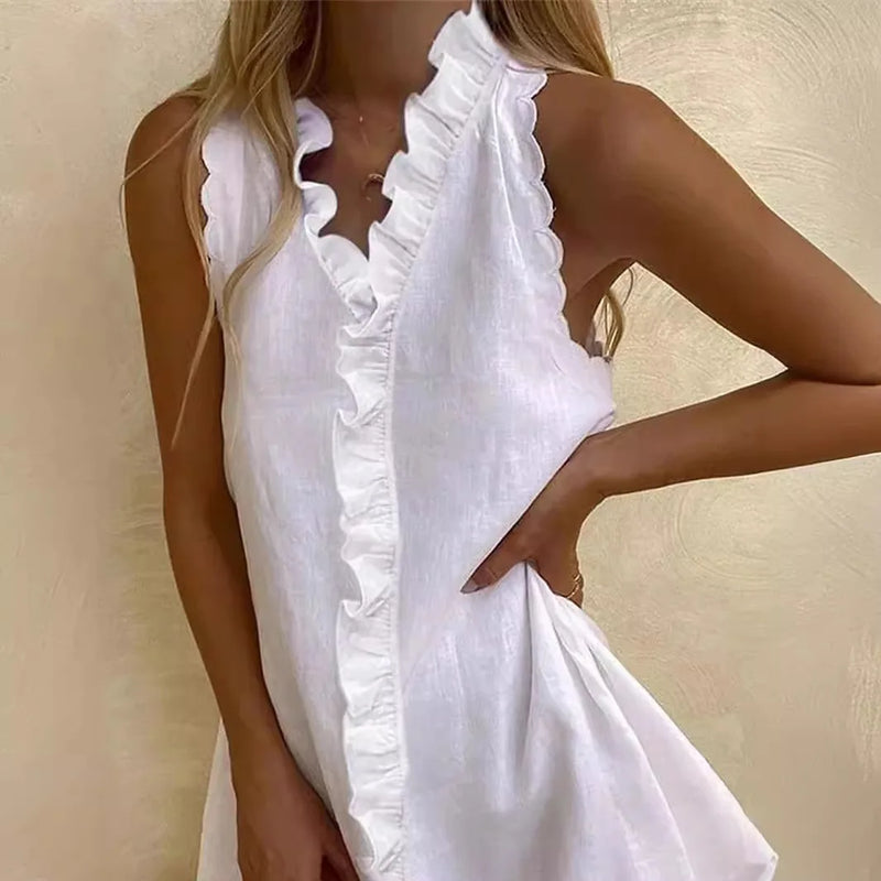 New Women Casual Cotton And Linen White Dress Summer V Neck Ruffles Sleeveless Elegant Boho Beach Party Mini Dresses Female Robe