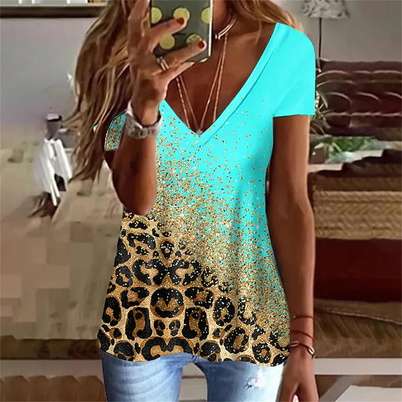 Fashion Leopard 3D Print T-shirt Women Y2k Tops Streetwear Harajuku Short Sleeve T Shirts V-Neck Tees Female Oversized Clothing