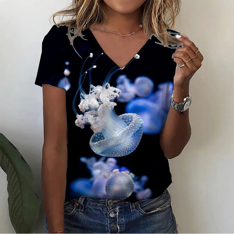 Summer Infauna Shark 3D Print T-shirt Women Streetwear Sea Turtle Shoal T Shirts Y2k Tops Woman V-Neck Tees Oversized Clothing