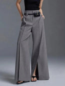 the SLACKS - Urban Female Fashion Loose Straight High-Waisted Pleated Split-Front Trousers