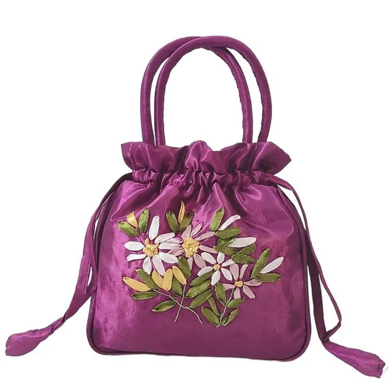 the SATCHEL - Retro Elegant Satin Silk Embroidery Totes for Women, Floral Drawstring Handbag, Woman Purse/Wallet Small Tote Bags