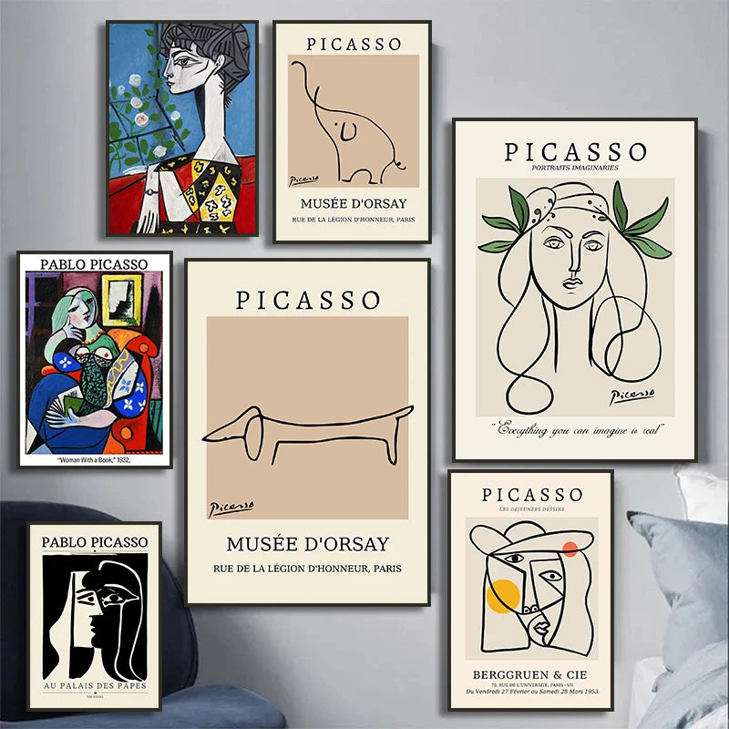 the PICASSO - Pablo Picasso Exhibition Poster Retro Face Canvas Abstract Line Pigeon Sausage Dog Modern Gallery Wall Art Home Decoration