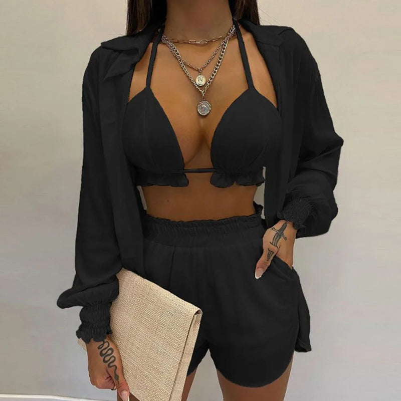 2024 Bohemia Beach Summer Women Clothing Outfits Fashion Spring Sling Tops Long Shirt Short Pants 3 Pcs Sets