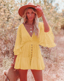 the MINI BOHO - Lace Tunic Sexy Deep V-Neck Button Bikini Cover-Ups Summer Sexy Ruffles Long Sleeves Mini Dresses