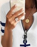 the AHOY - Summer Fashion Anchor Print Zipper Front Casual V-Neck Short Sleeve Shirt for Women
