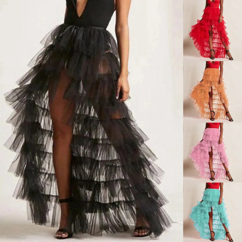 Women Long High Low Ruffles Tulle Skirt Solid Color Mesh Tied-Up Irregular Floor-Length Party Train Overskirt Cover Ups