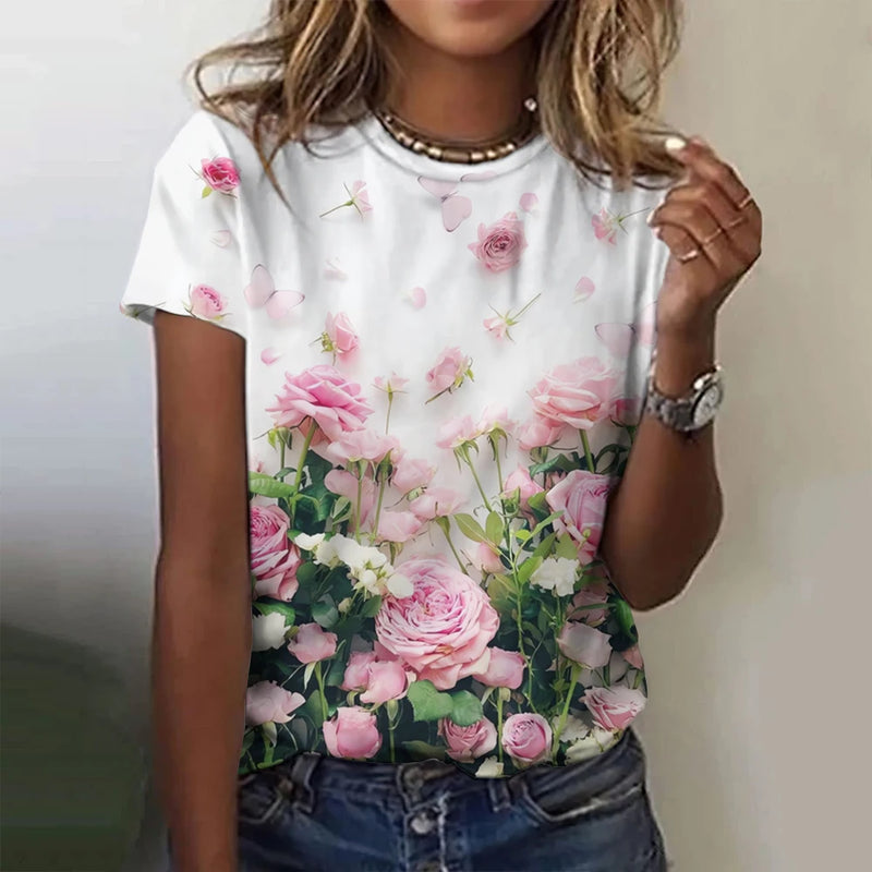 2024 Top Women Flower Printed Women's T-Shirt Oversized T-Shirt Popular Clothes Women Clothing Short Sleeve Tee Blouse