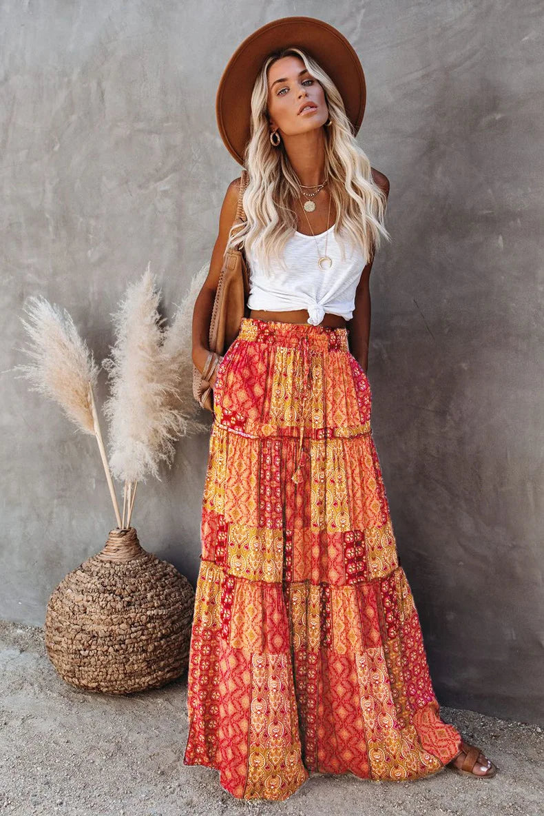 New Long Skirt Retro Skirt Loose Casual High Waist Skirt Bohemian Style Patchwork Pleated Pocket Skirt