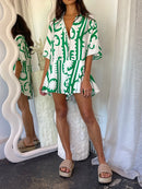 the ROMPER BOHO - Fashion Boho Romper Shorts Oversized Button-Down Shirt Sleeve Wide Leg Short Jumpsuit Vacation Outfits