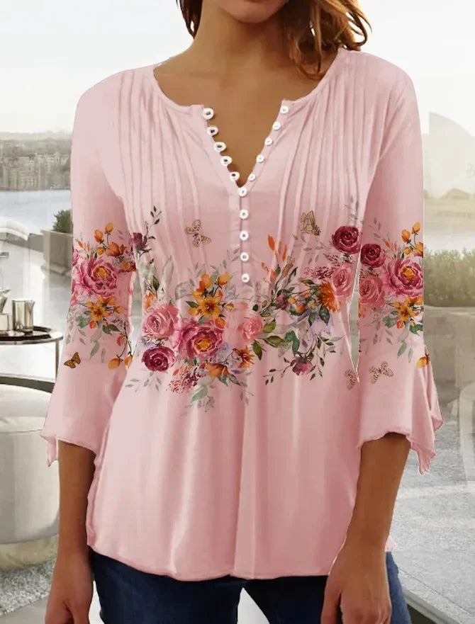 the FLOWER SHOP - Women's Vintage Floral Print Pleated Button Spring/Summer Fashion V-Neck 3/4 Sleeve Elegant Slim Blouse Tops