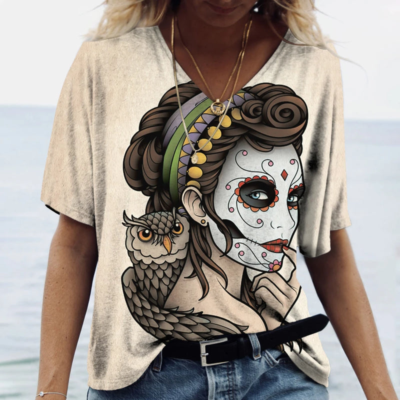 2023 Vintage Skull Face Women's T Shirt Tops V Neck Casual Cotton Short Sleeve Pullover Summer Female Harajuku Punk Streetwear