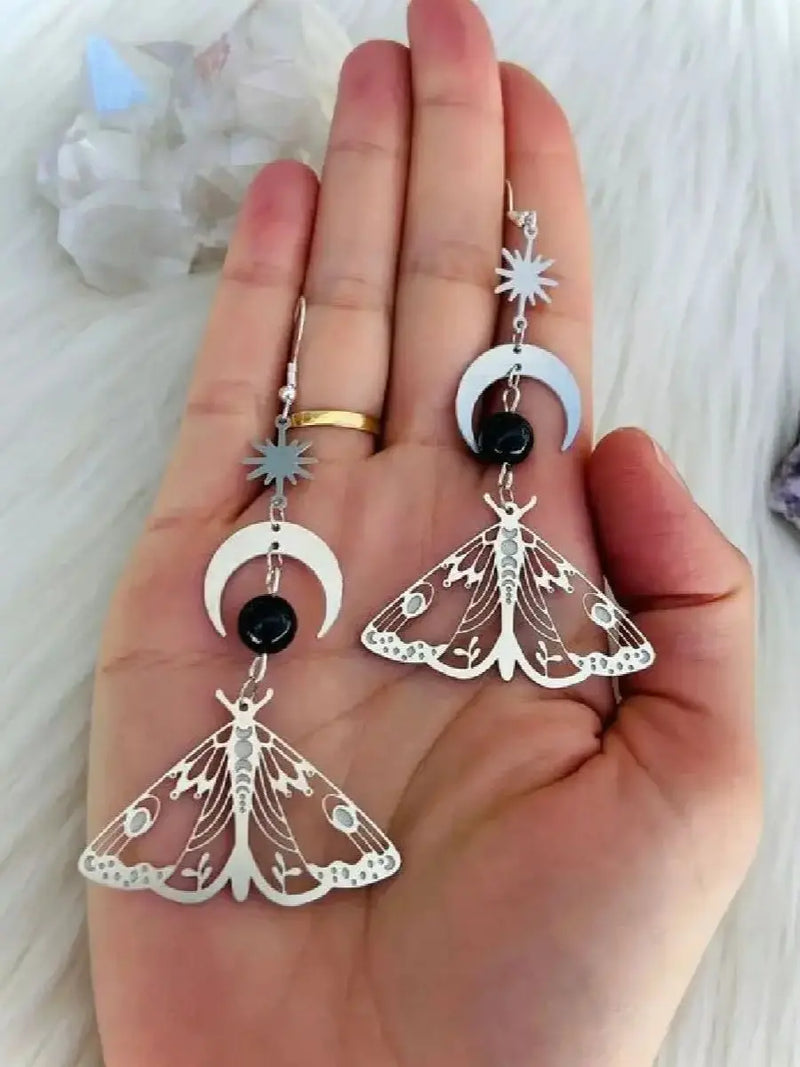 the BUG LIFE - Fashion Moon Star Elegant Moth Insect Creative Bohemian Silver Color Copper Dangle Earrings for Women