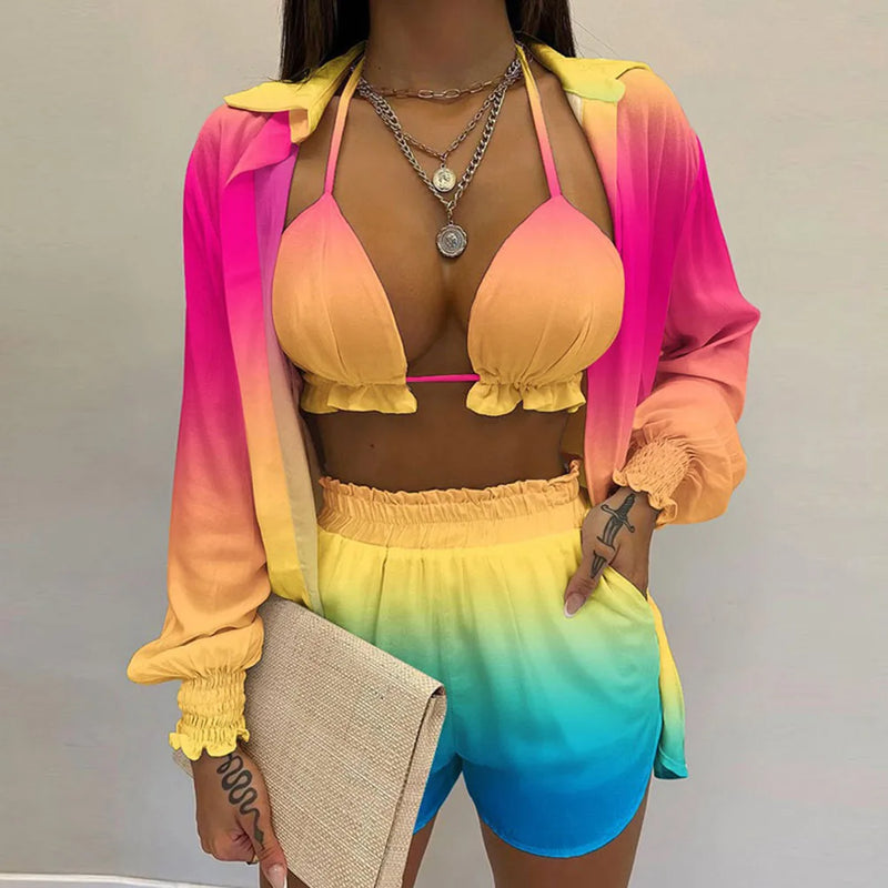 2024 Bohemia Beach Summer Women Clothing Outfits Fashion Spring Sling Tops Long Shirt Short Pants 3 Pcs Sets