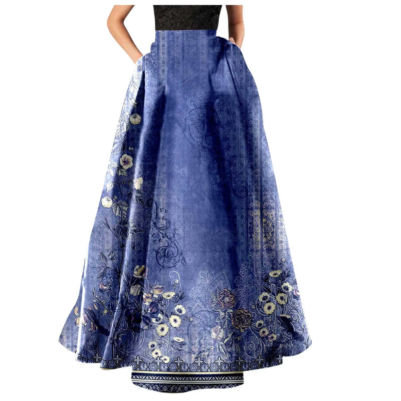 Strip Dress Women Women Bohemian Floral Print Maxi Skirt High Waist Pocket Party Beach Long Skirt Denim Tunic Dress for Women