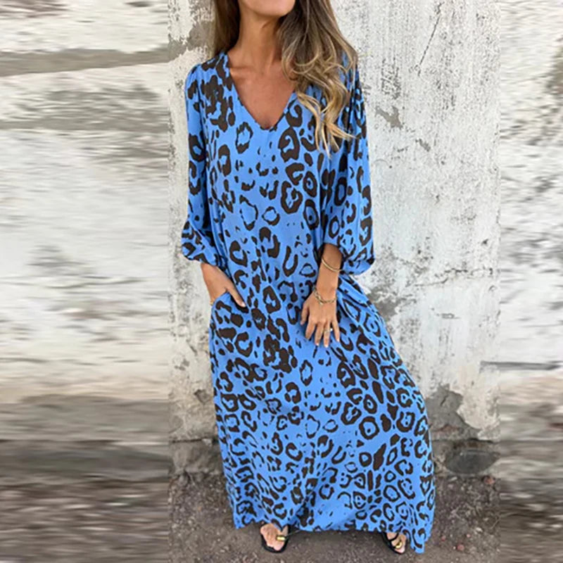 Vintage Leopard Print Loose Long Dresses Women 2025 Spring Elegant V Neck Pocket Maxi Dress Autumn 3/4 Sleeve Boho Holiday Dress