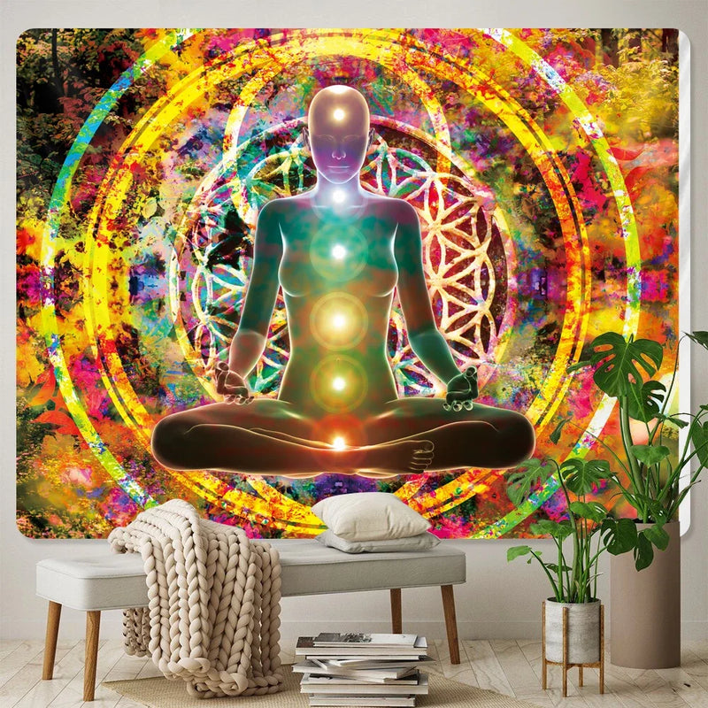 the MEDITATION - Mandala Seven Chakra Psychedelic Scene Home Decor Art Tapestry Hippie Wall Hanging, Boho Room Wall Decor