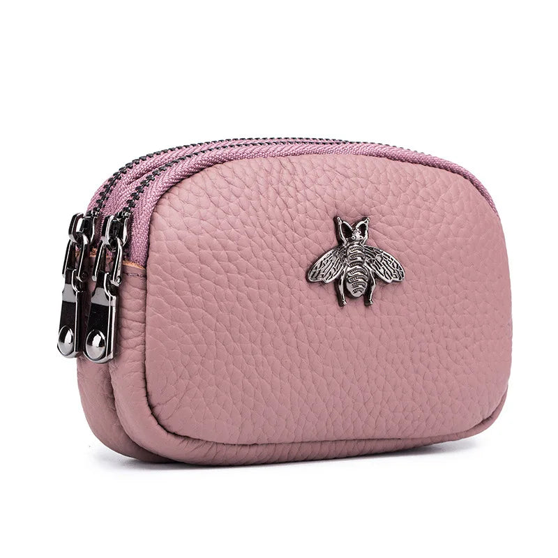 the BEE BAG - Women Cowhide Double Zipper Portable Wallets, Bag Bee Card Hoder Lipstick Case Leather Mini Earphone Coin Purse