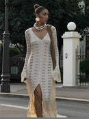 the SWEATER DRESS - Knitted Long Sleeve Casual Long Flare Chic Slim Hollow Out Dress