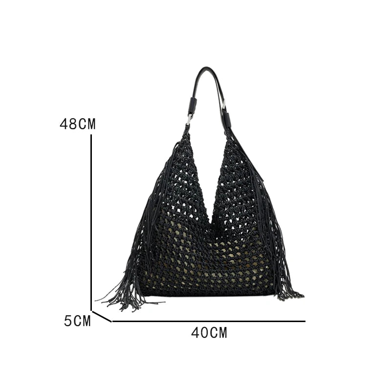 the BEACH BOHO - Hollow Out Hobos Bags for Women, Luxury Designer Handbag/Purse, Weave Large Capacity Tassel Shoulder Straw Beach Bag