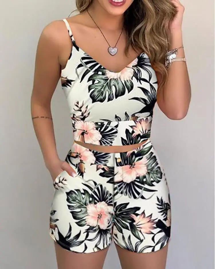 Women 2-piece Outfit Set Female High Waist Hot Shorts Pants Suit Summer Flower Printed Sleeveless V-neck Sling Blouse Shorts Set