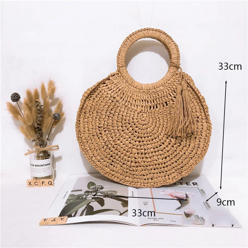 the WOVEN BAG - Straw Bag Rattan Woven Round Tassel Handbag for Women, Large Capacity Shoulder Tote Purse, Ladies Holiday Wood Handle Shopping Bag