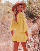 the MINI BOHO - Lace Tunic Sexy Deep V-Neck Button Bikini Cover-Ups Summer Sexy Ruffles Long Sleeves Mini Dresses
