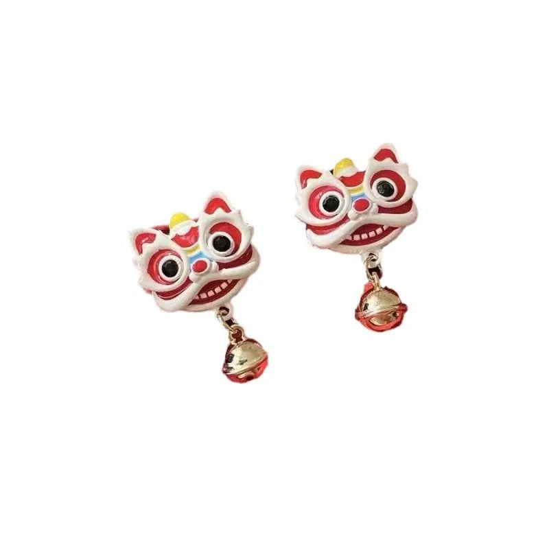 the GOOD FORTUNE - Chinese Style Red Little Lion Bell Pendant Earrings for Women, The Year of The Dragon Festive Jewelry Gifts