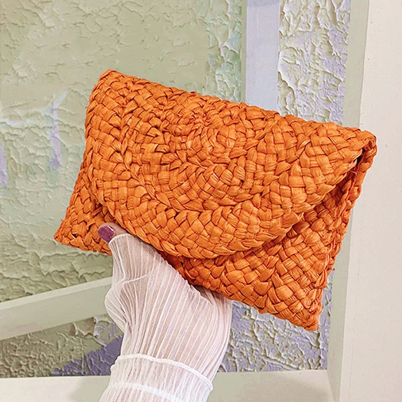 the LETTER BAG - Fashionable Corn Husk Straw Bags, Hand-Woven Women Clutch, Envelope Handbag Long Purse for Female, Summer Beach Bag