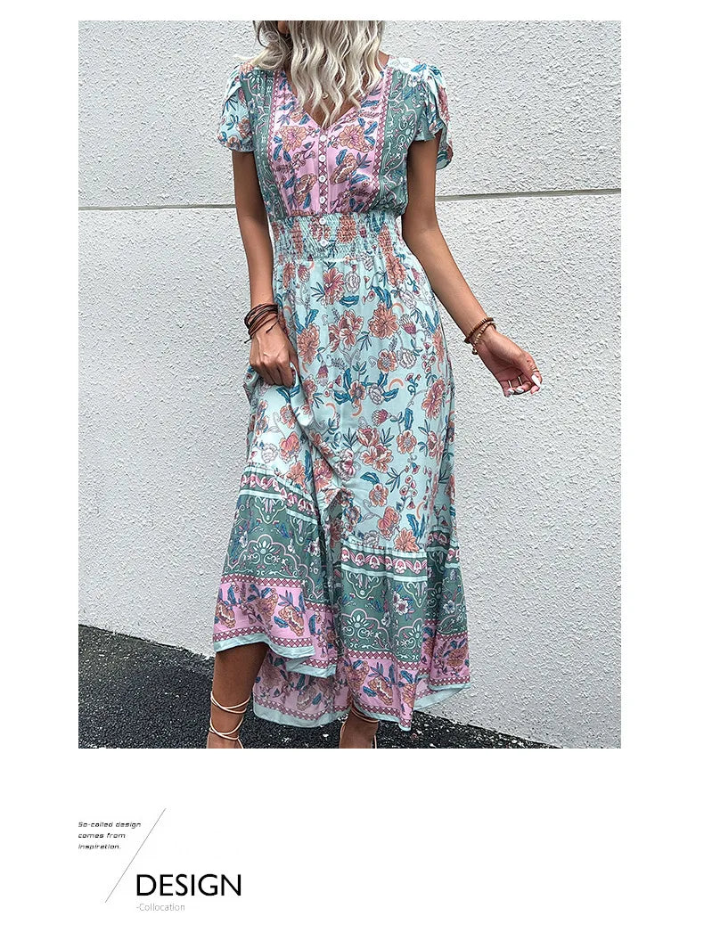 the BANDANA BOHO - Vintage Floral Boho Printed Short Sleeves V-Neck Slit A-Line Bohemian Summer Beach Midi Dresses