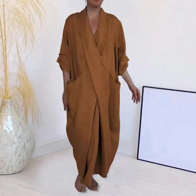 Spring Fall Maxi Dress Robe Baggy Cross V Neck Dresses Solid Color Large Pocket Retro A-line Bohemian Maxi Dress For Casual