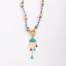 the AMULET - Star Celestial Blue Green Evil Eye Long Knot Beaded Necklace, Boho Nature Cotton Cord Amulet Jewelry