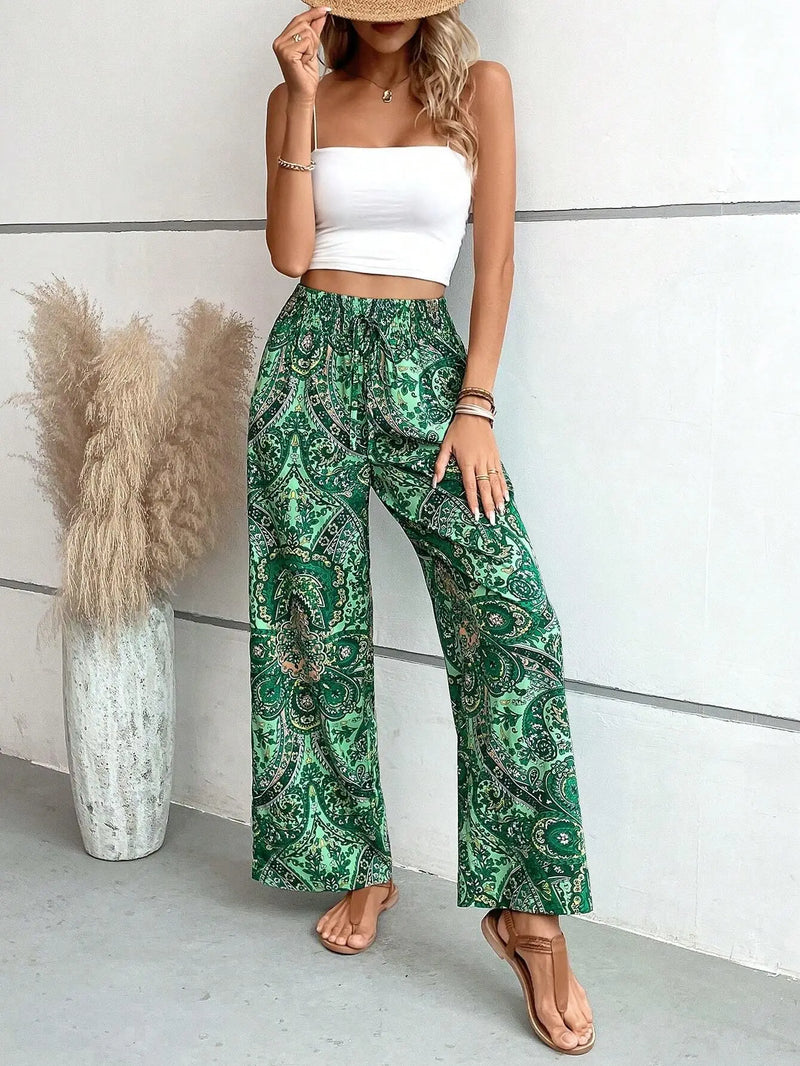 Women's Pants 2024 Summer New Fashion Versatile Printed Elastic Waist Wide Leg Pants Retro Ethnic Style Elastic Waist Trousers