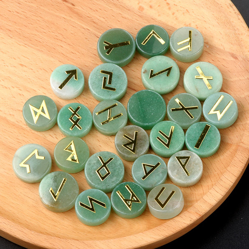 the RUNES - 25pcs Natural Crystal Runes Signs Round Stone Runic Alphabets Letters Sacred Symbol Healing Gem Energy Amulet Reiki Chakra Set