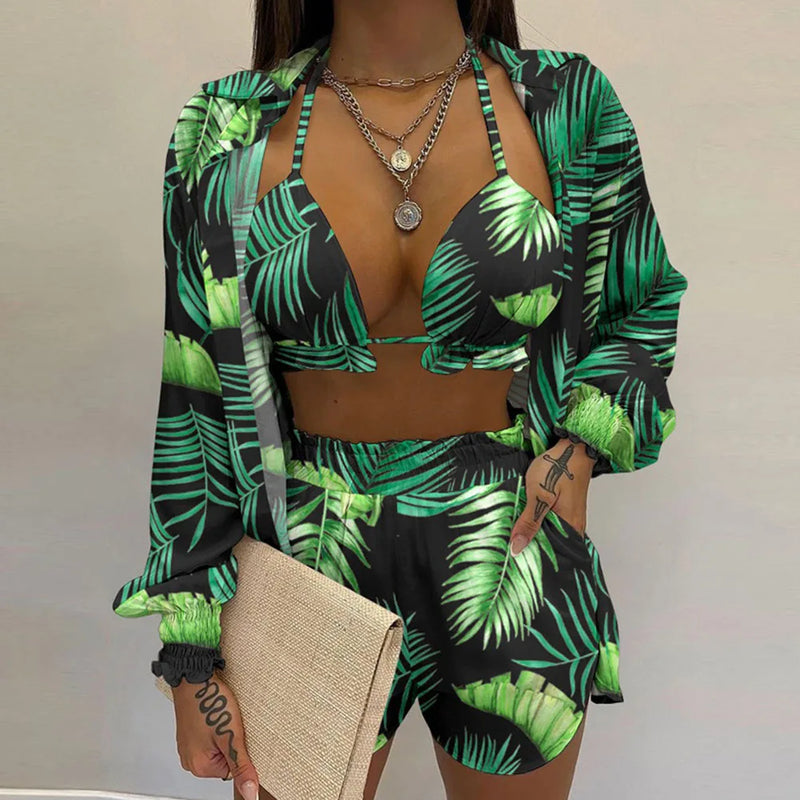 2024 Bohemia Beach Summer Women Clothing Outfits Fashion Spring Sling Tops Long Shirt Short Pants 3 Pcs Sets